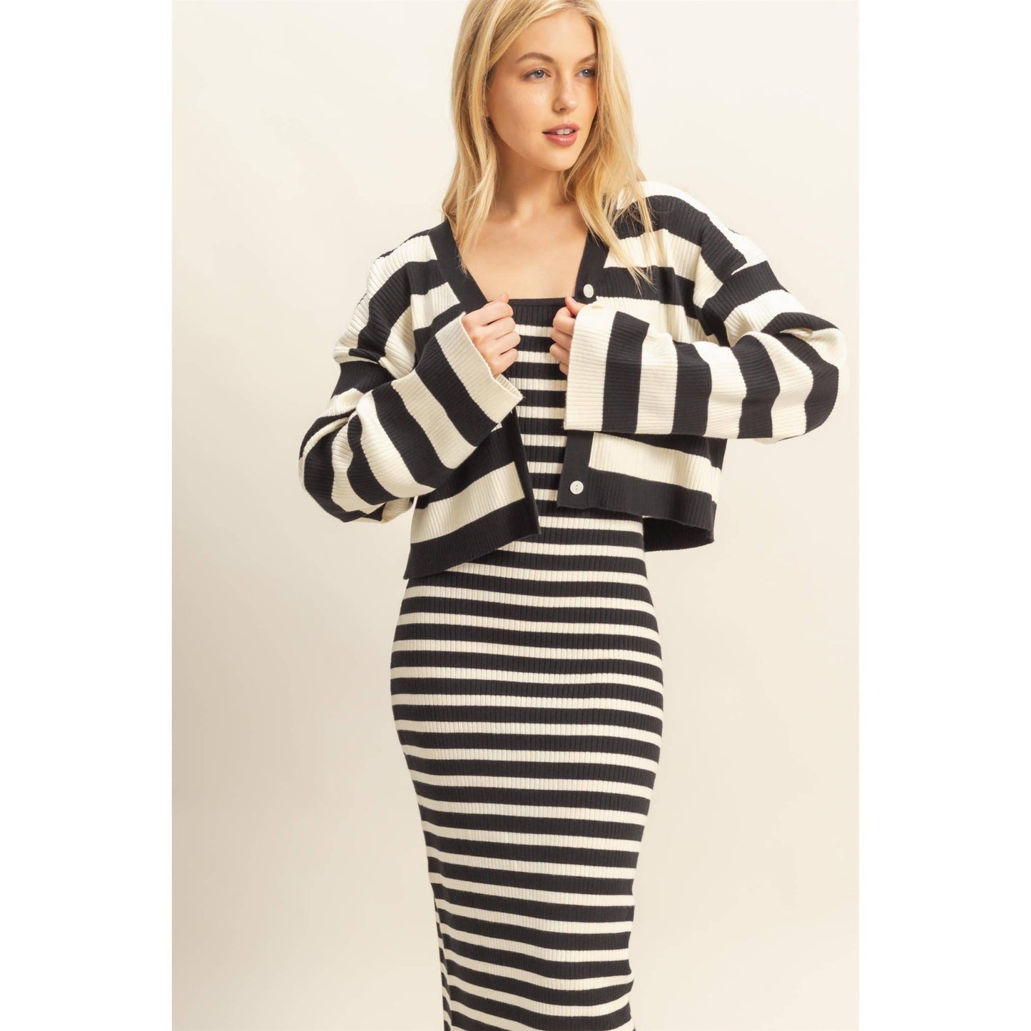 Striped Sweater Cardigan and Dress Set