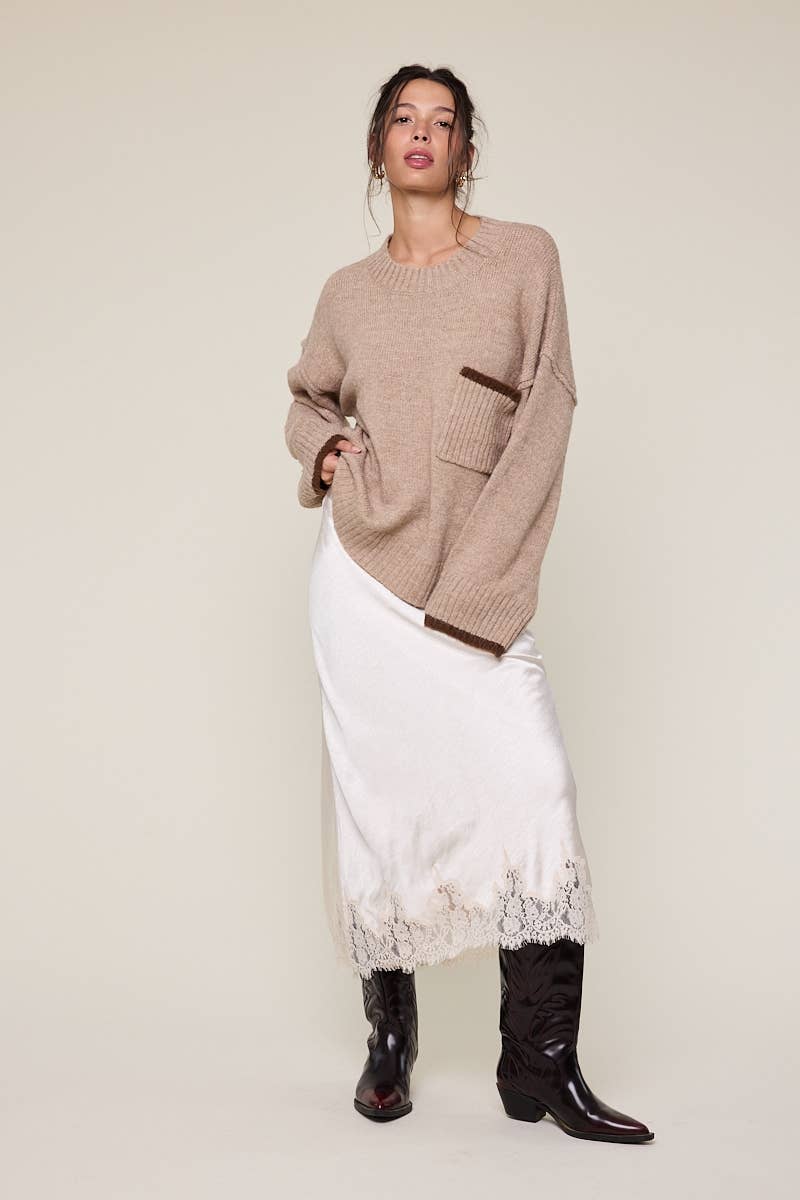 SATIN MONO TONE ELASTIC WAIST LACE MIDI SKIRT