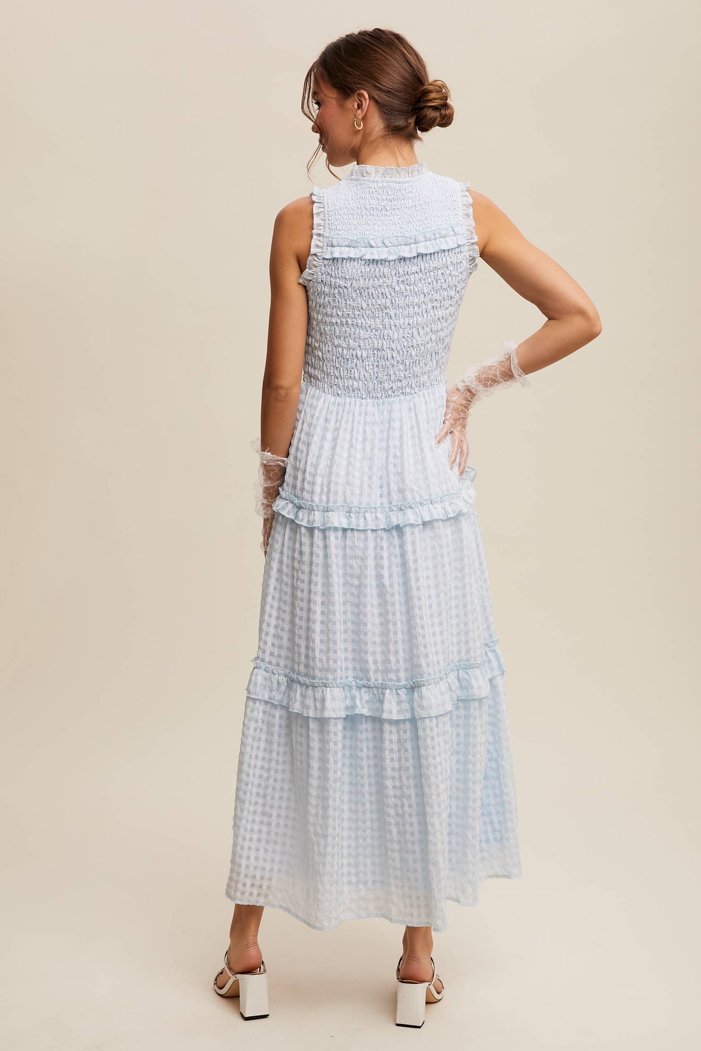 Sleeveless Gingham Maxi Dress with Ruffle Details