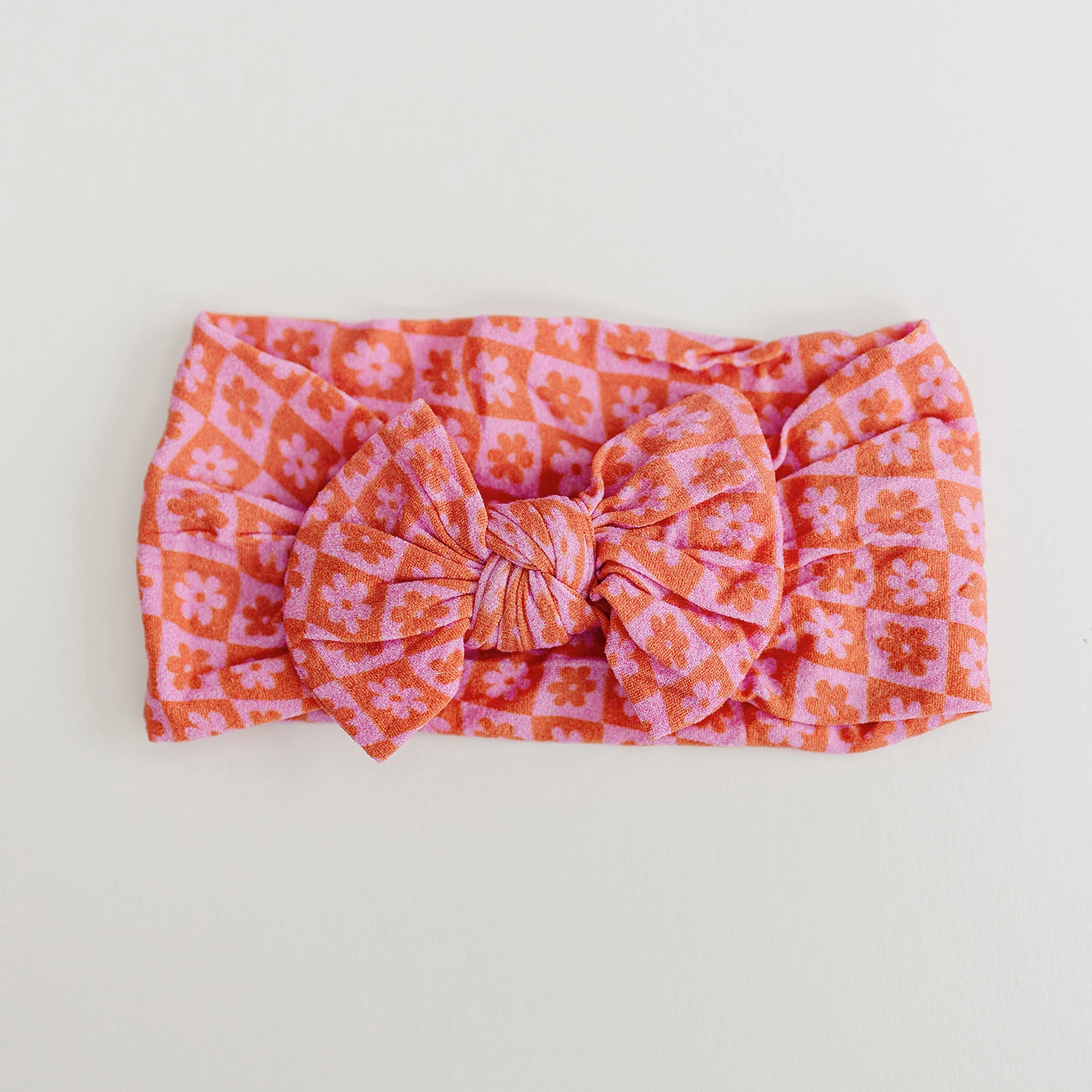 Red and Pink Checkered Flower Baby Bow Nylon Headband