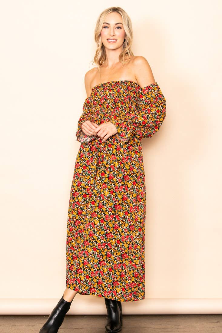 On Off Shoulder Smocked Chest Floral Long Sleeve Maxi Dress