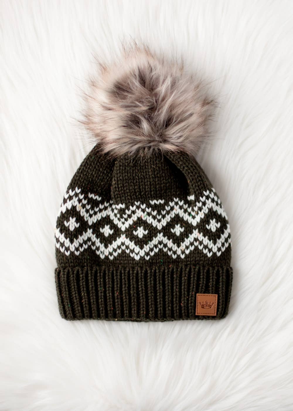 Olive & Speckled Patterned Pom Hat