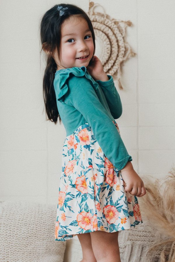 Green floral print ruffle dress