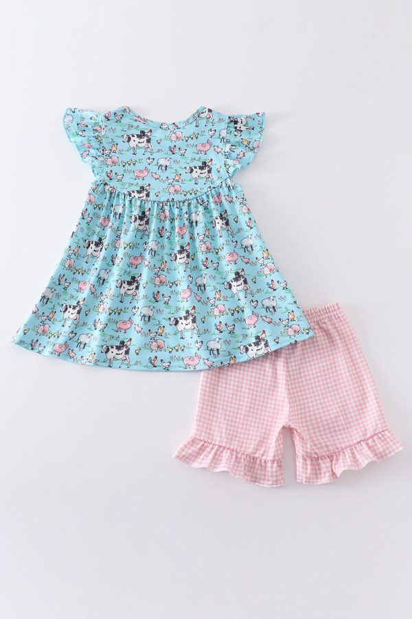Teal farm animal print girl set