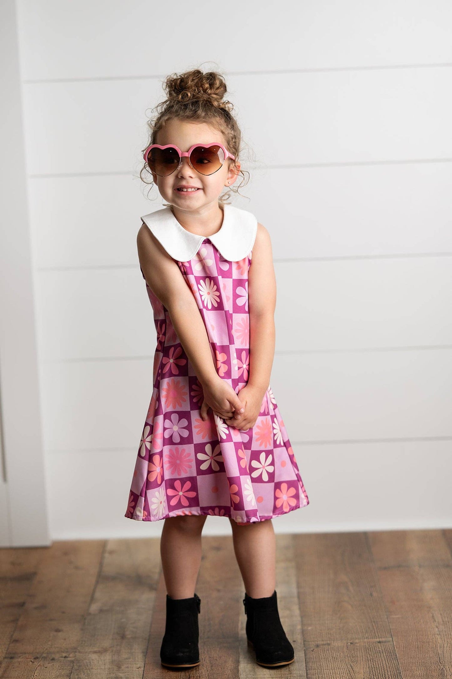 Kids Purple Retro Flower Power Peter Pan Collar Spring Dress