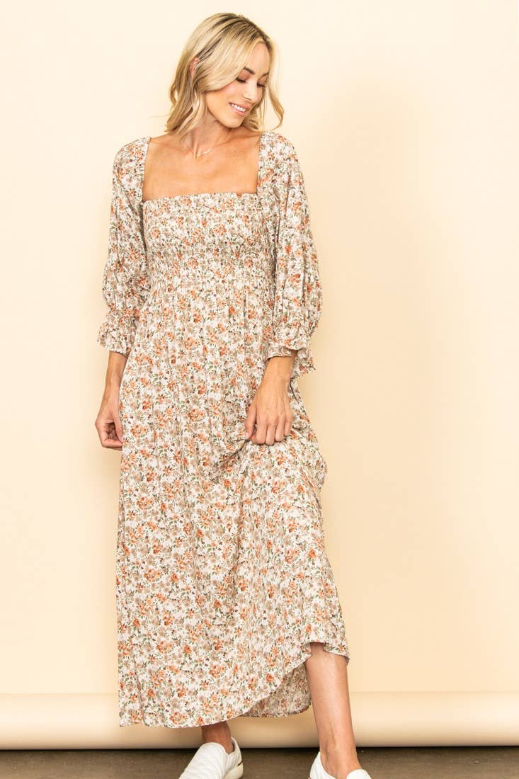 On Off Shoulder Smocked Chest Floral Long Sleeve Maxi Dress