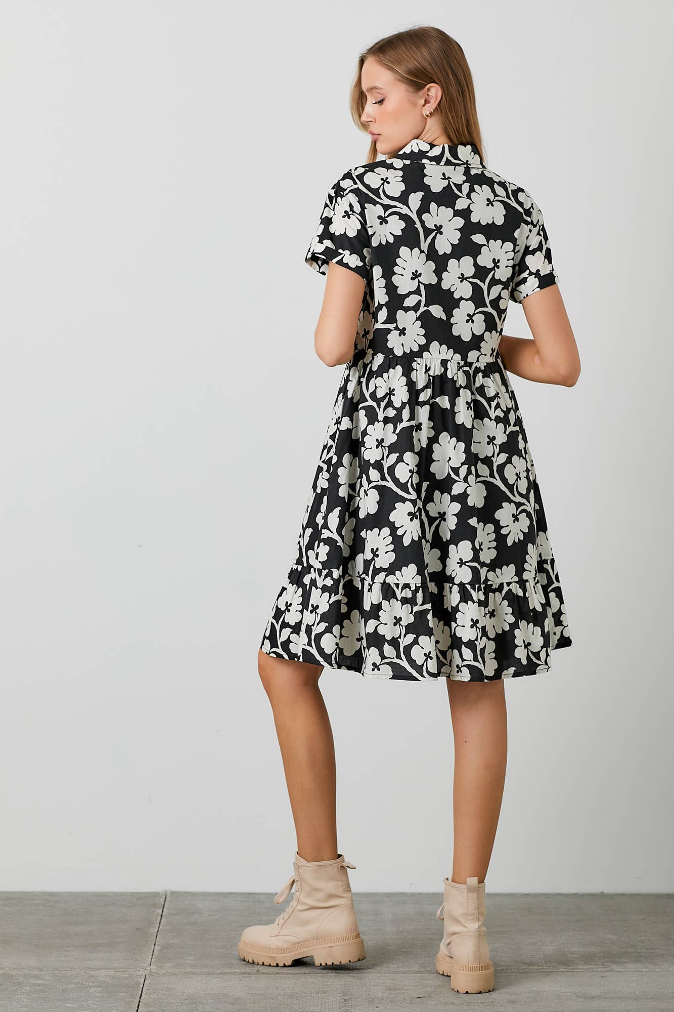 POPLIN PRINT MIDI TIERED SHIRT DRESS