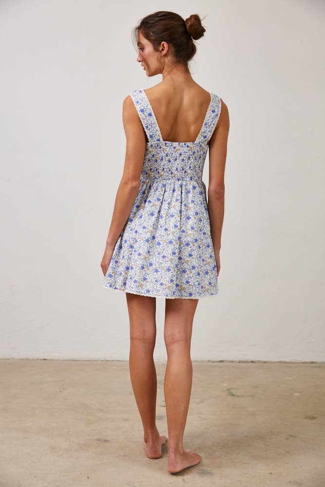 Floral Pleated Lace Detail Mini Dress