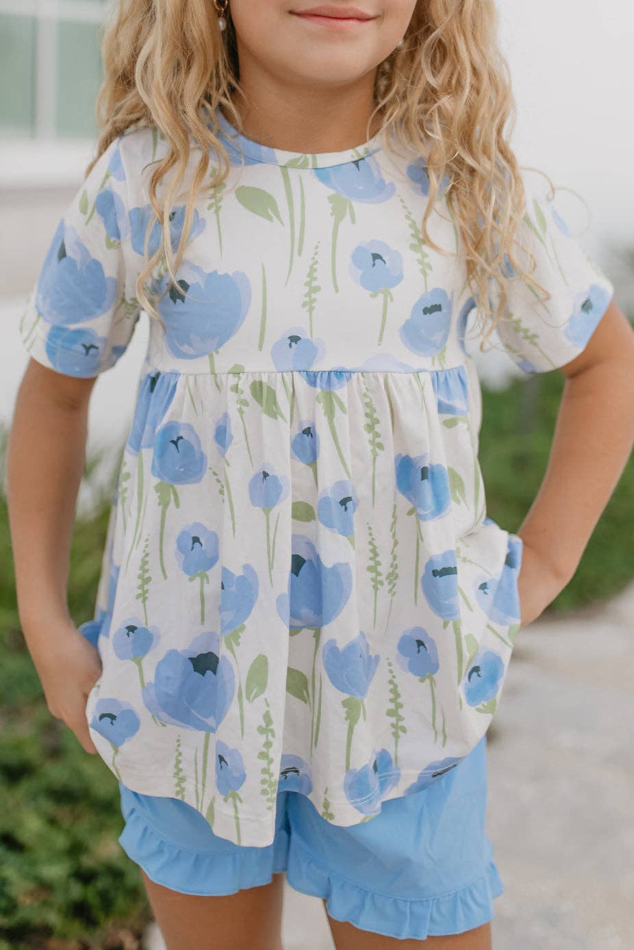 Girls Periwinkle Floral Ruffle Pocket Summer Short Set