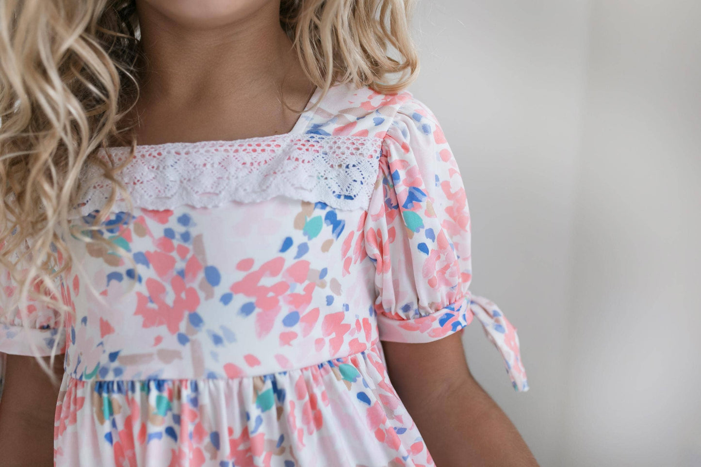 Kids Pink & Blue Lace Tiered Square Neck Spring Summer Dress: 3/4