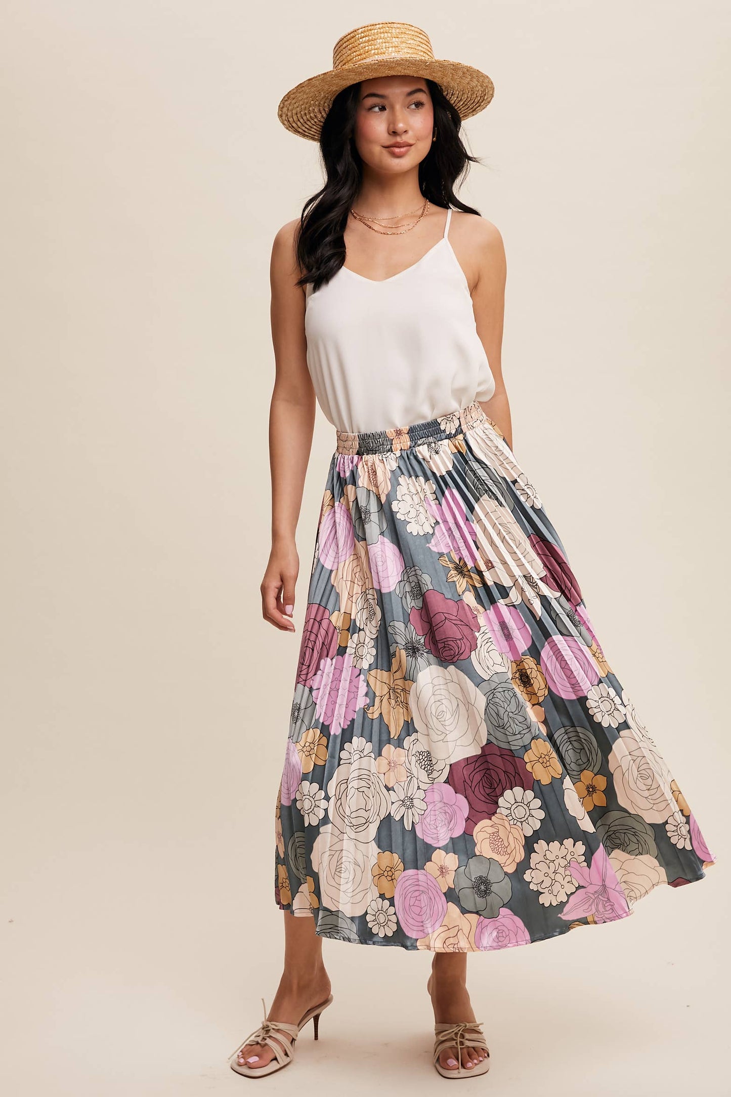 Bold Floral Pleated Midi Skirt