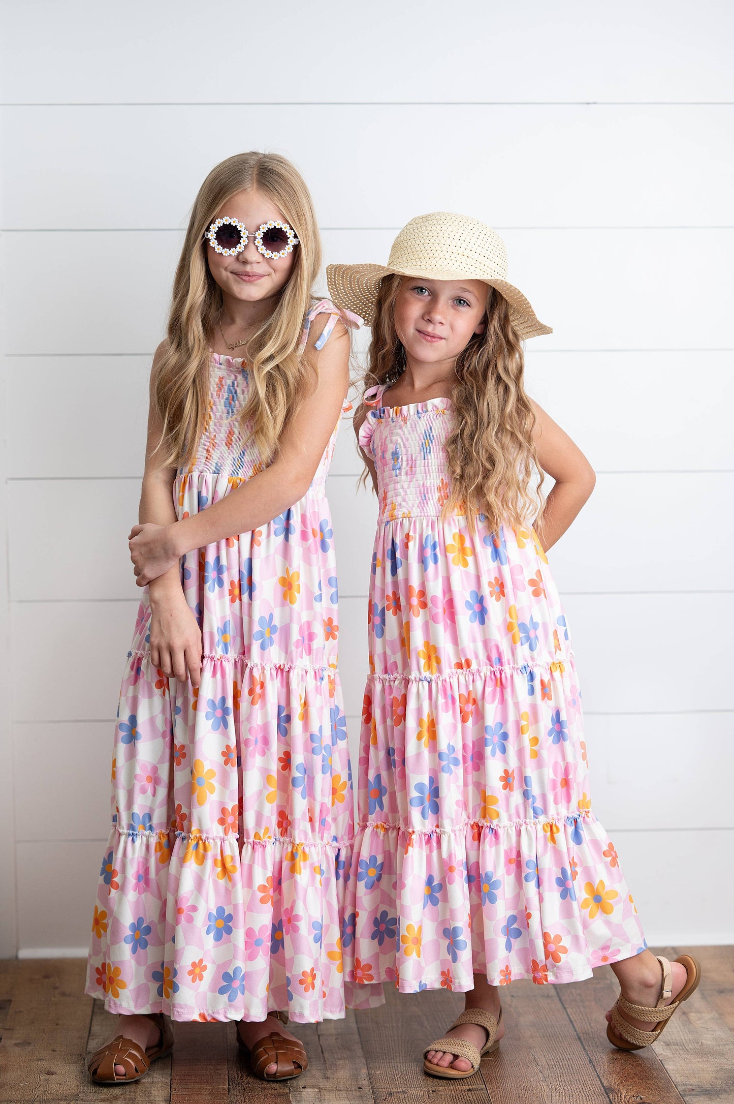 Girls Pink Retro Daisy Tiered Summer Maxi Dress