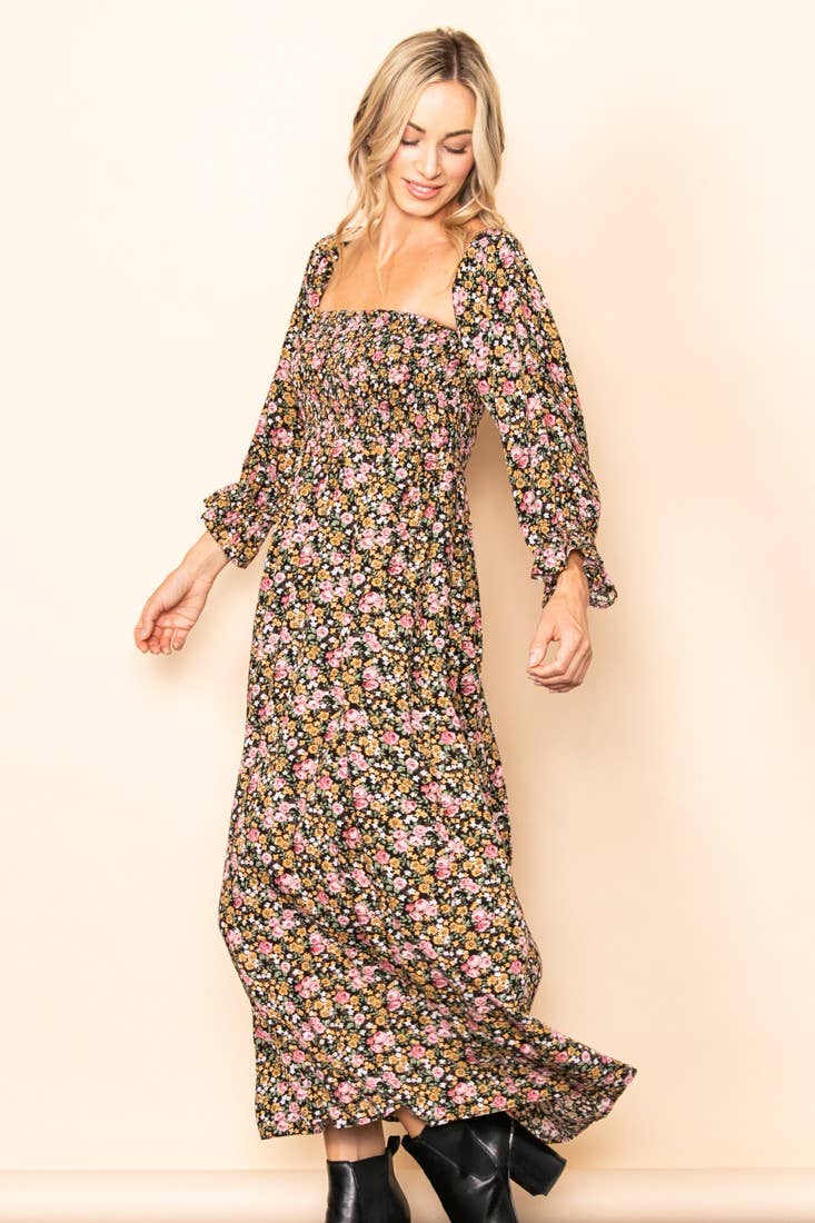 On Off Shoulder Smocked Chest Floral Long Sleeve Maxi Dress