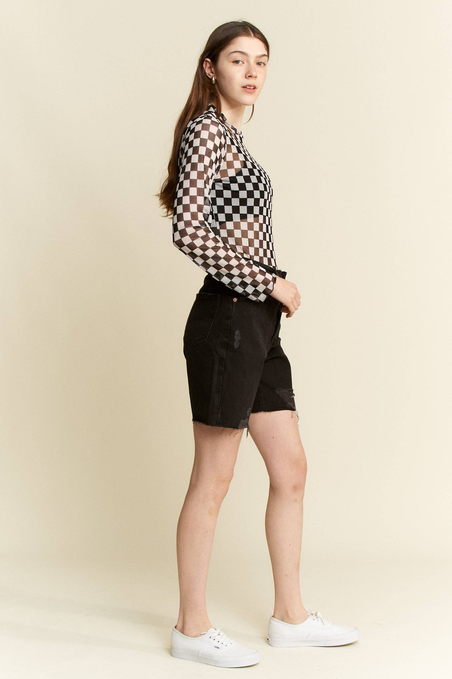 CHECKERED MESH MOCK NECK TOP