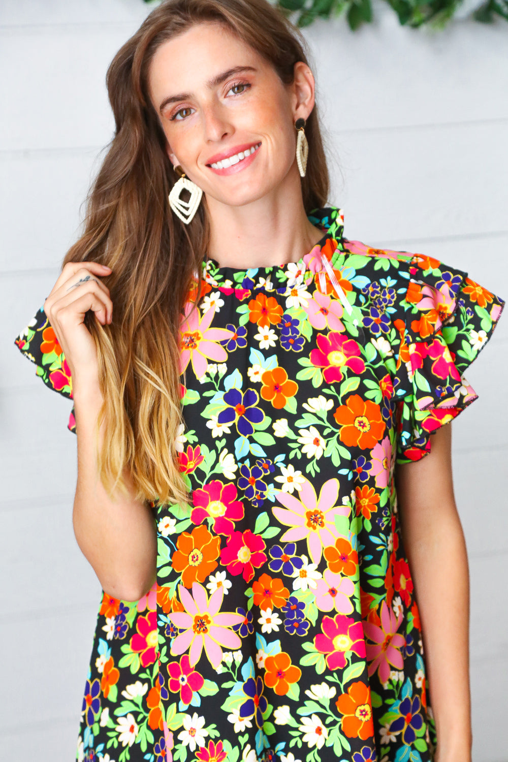 Vibrant Multicolor Floral Mock Neck Flutter Sleeve Top