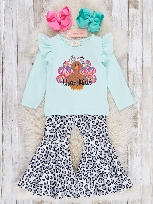 "Thankful" Embroidered Leopard Bell Bottom Outfit
