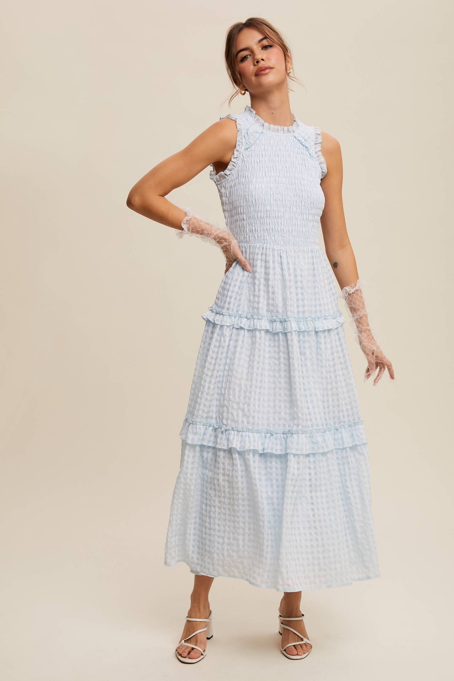 Sleeveless Gingham Maxi Dress with Ruffle Details