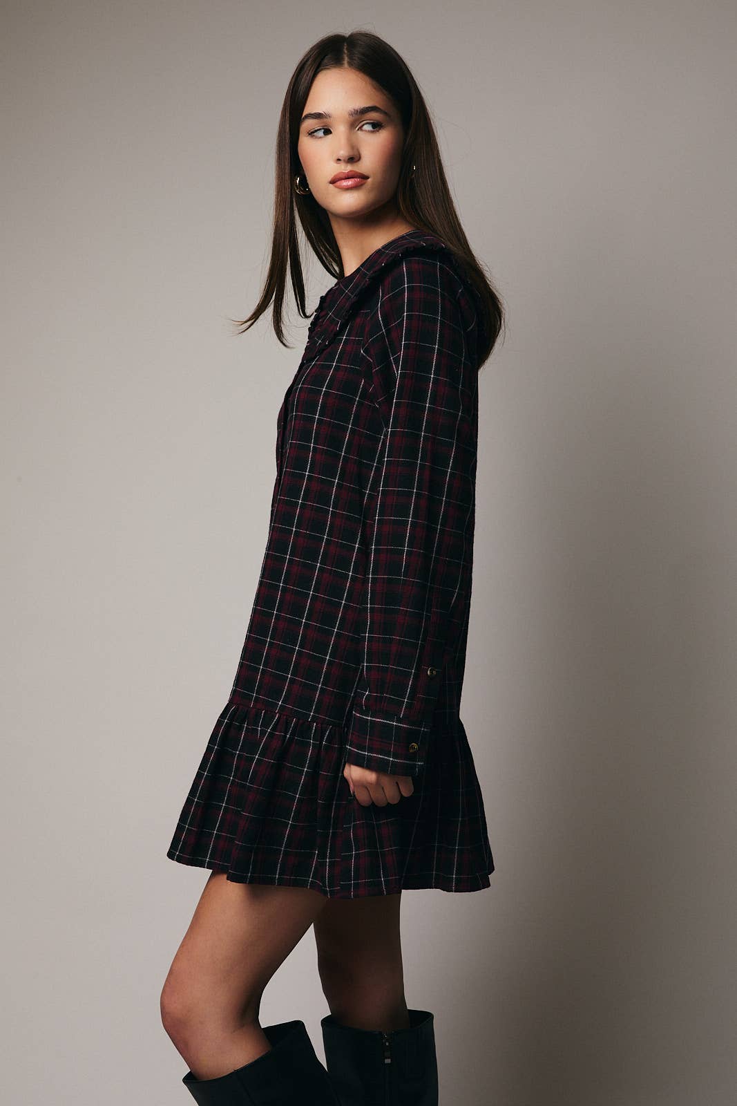 LONG SLEEVE SHIRT MINI DRESS WITH SIDE POCKET