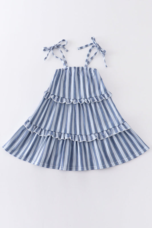 Blue stripe strap ruffle dress