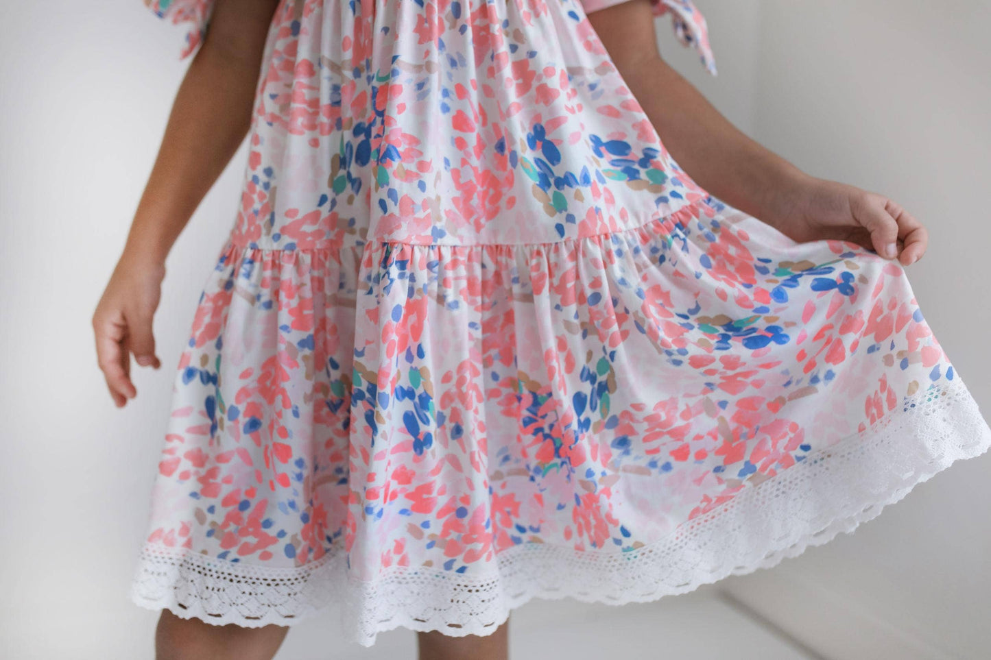 Kids Pink & Blue Lace Tiered Square Neck Spring Summer Dress: 3/4