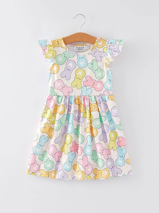 Easter Colorful Bunny Printed Flying Sleeve Girls Dress