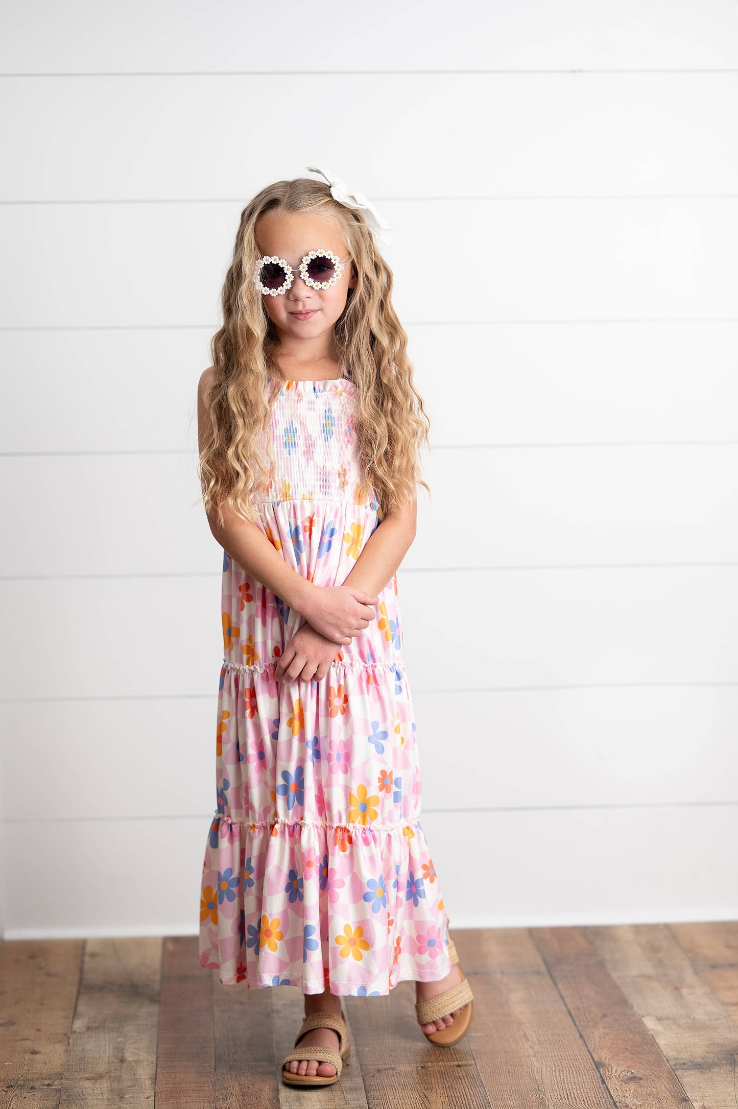 Girls Pink Retro Daisy Tiered Summer Maxi Dress