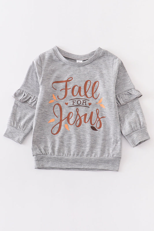 Grey fall for jesus ruffle girl top