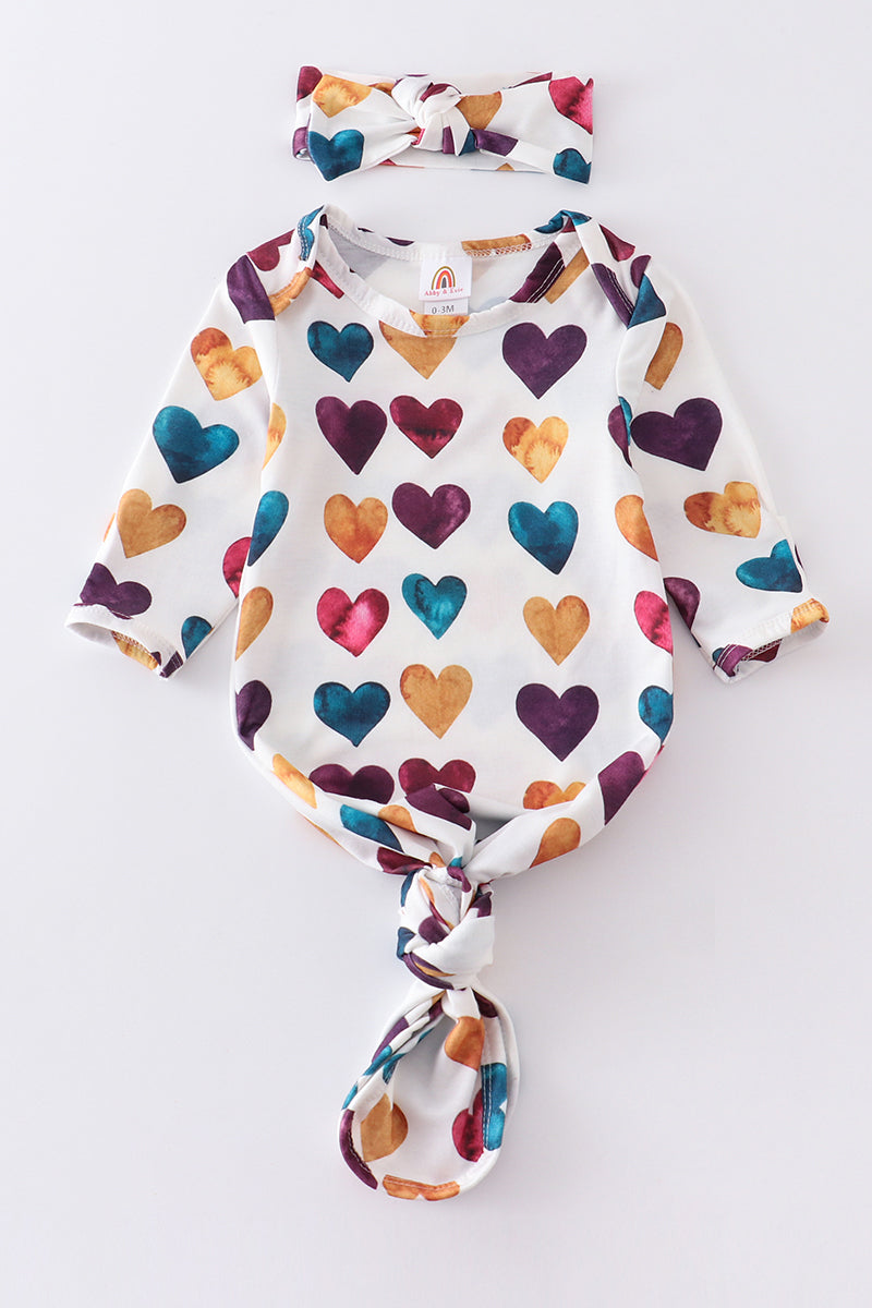 Watercolor heart print head band baby gown