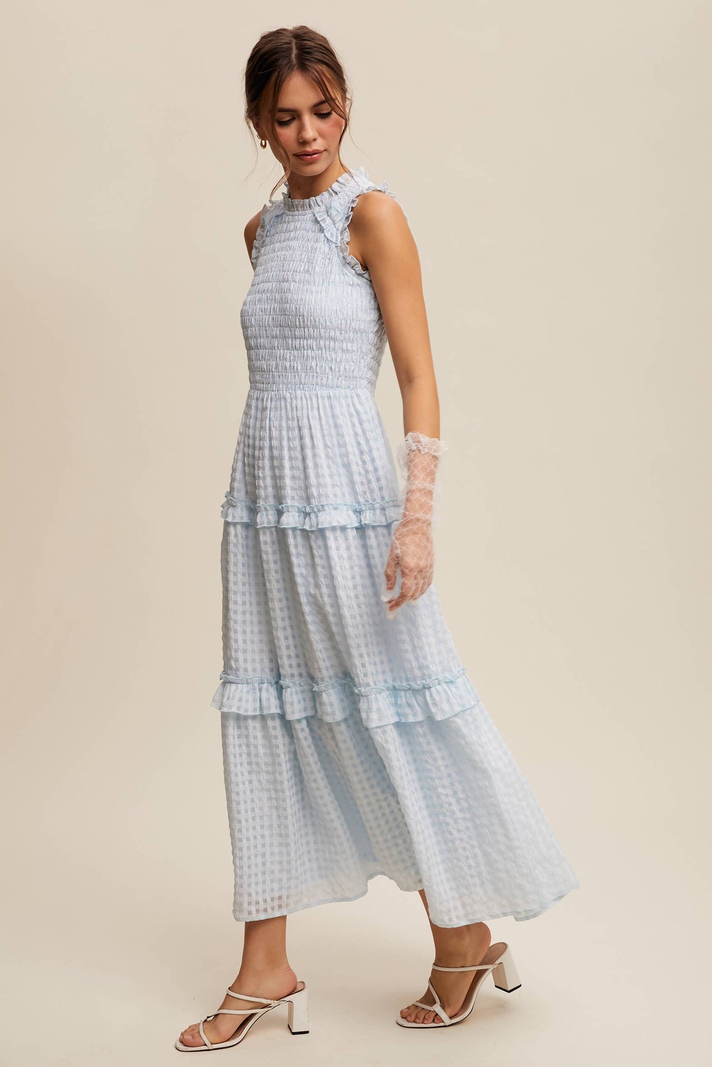 Sleeveless Gingham Maxi Dress with Ruffle Details