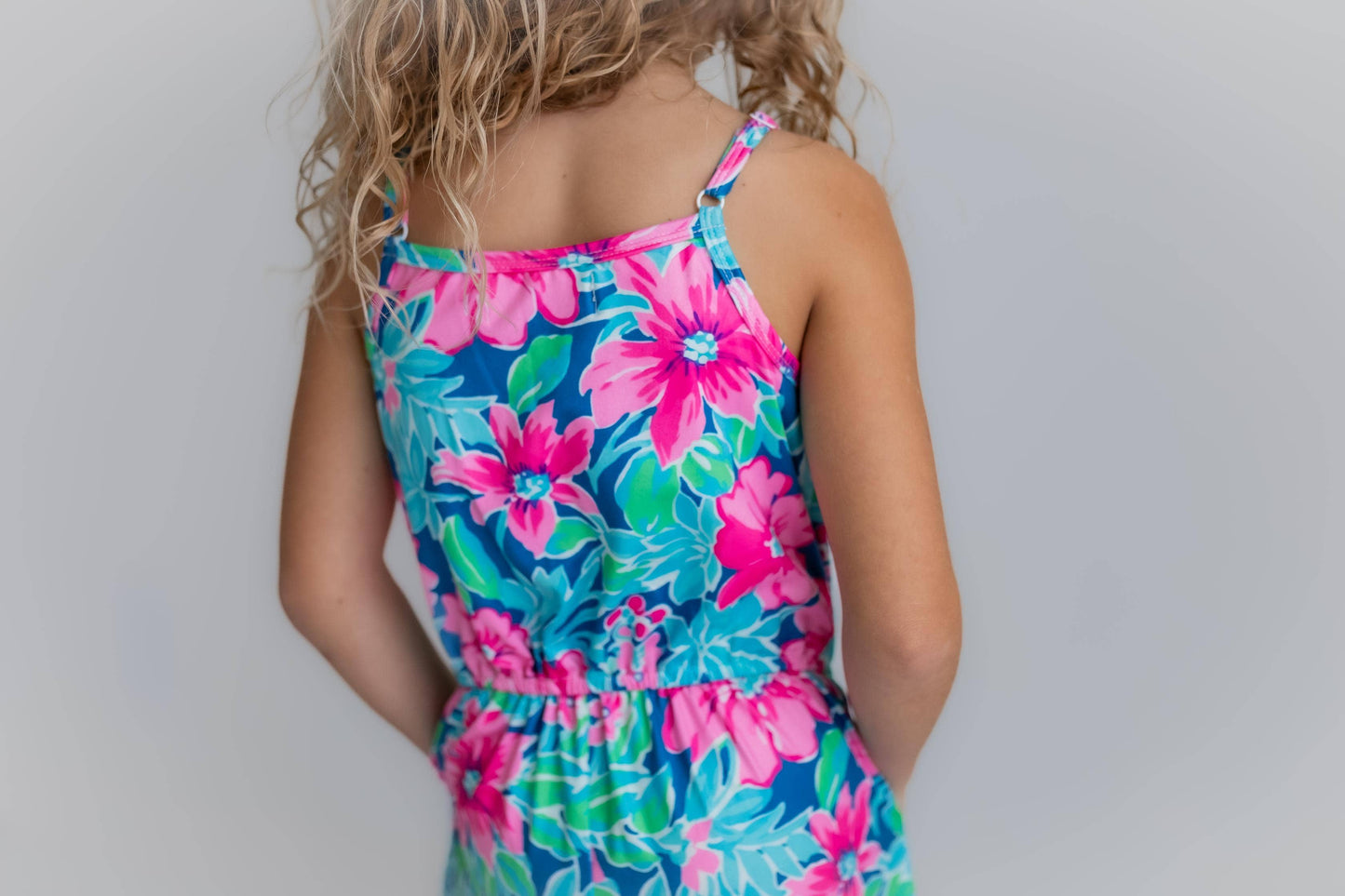 Kids Bright PinkTropical Summer Jumpsuit With Pockets
