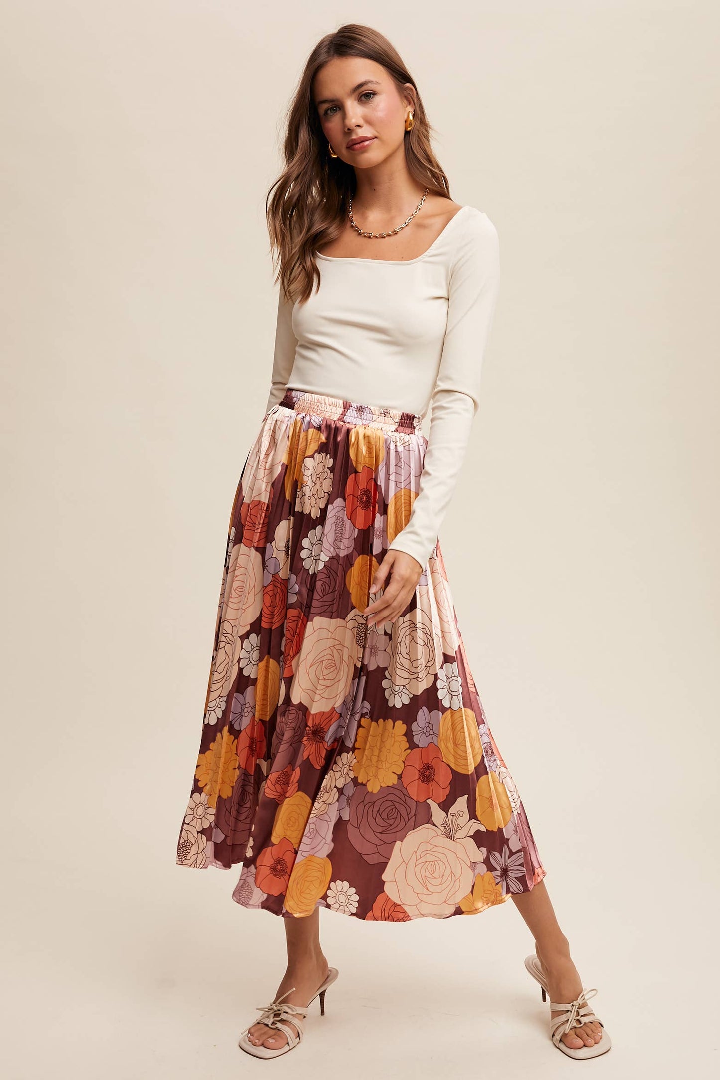 Bold Floral Pleated Midi Skirt
