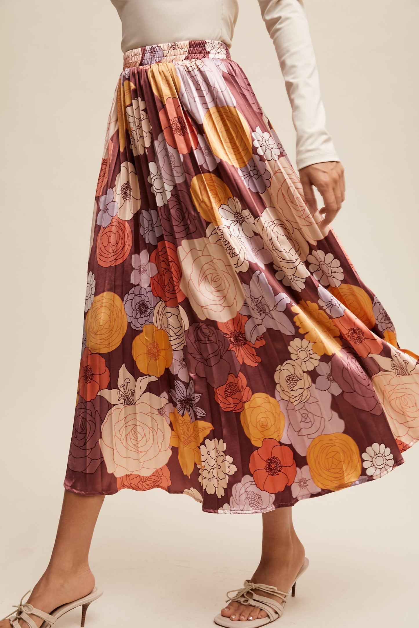 Bold Floral Pleated Midi Skirt