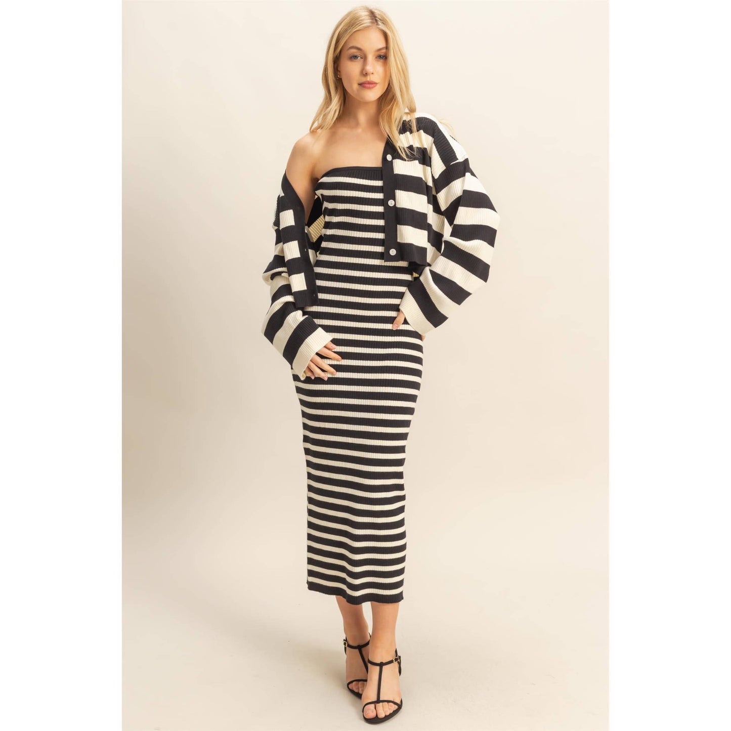 Striped Sweater Cardigan and Dress Set