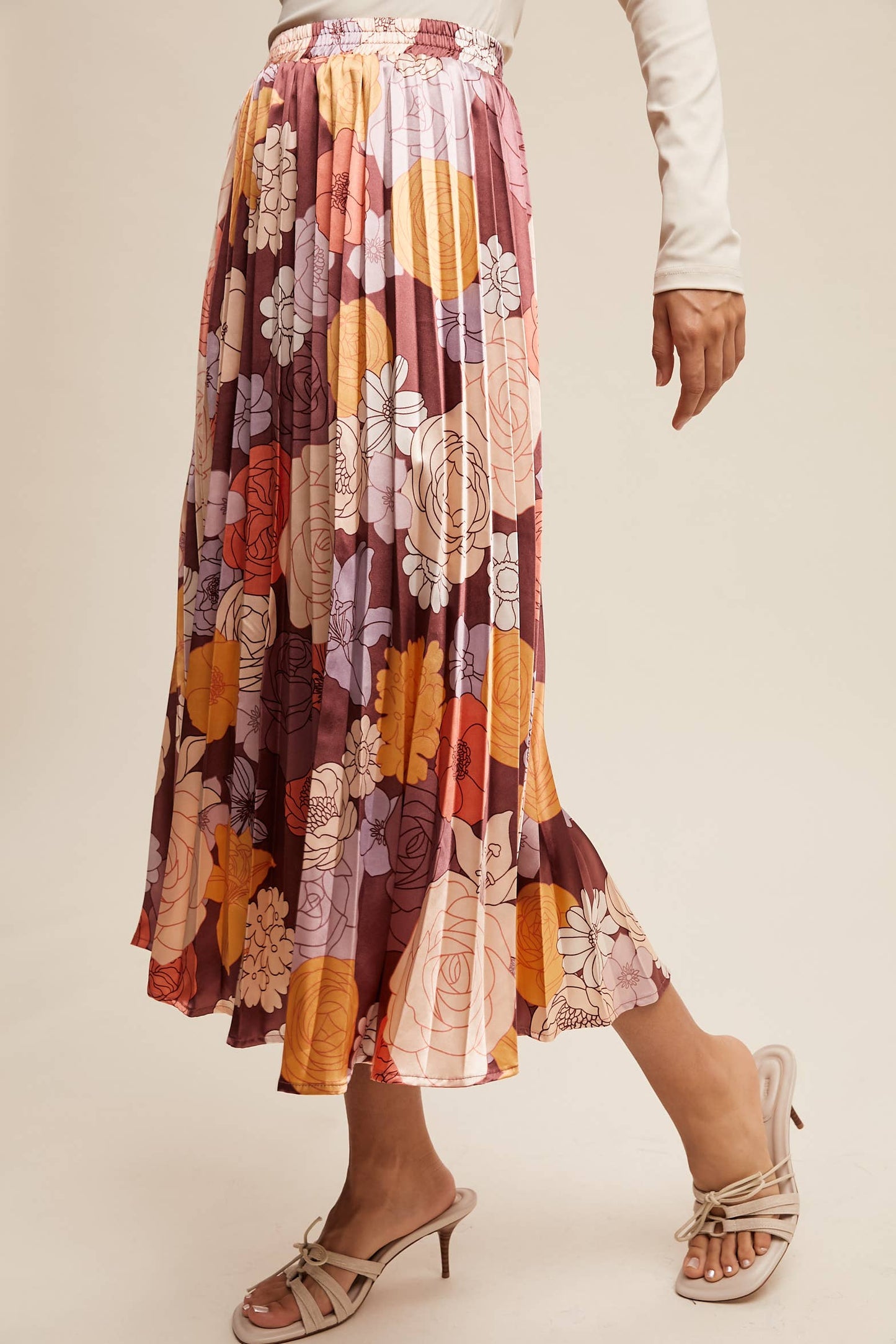 Bold Floral Pleated Midi Skirt