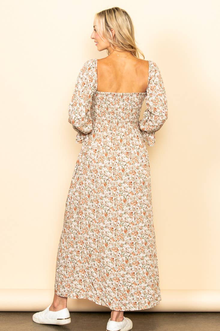 On Off Shoulder Smocked Chest Floral Long Sleeve Maxi Dress