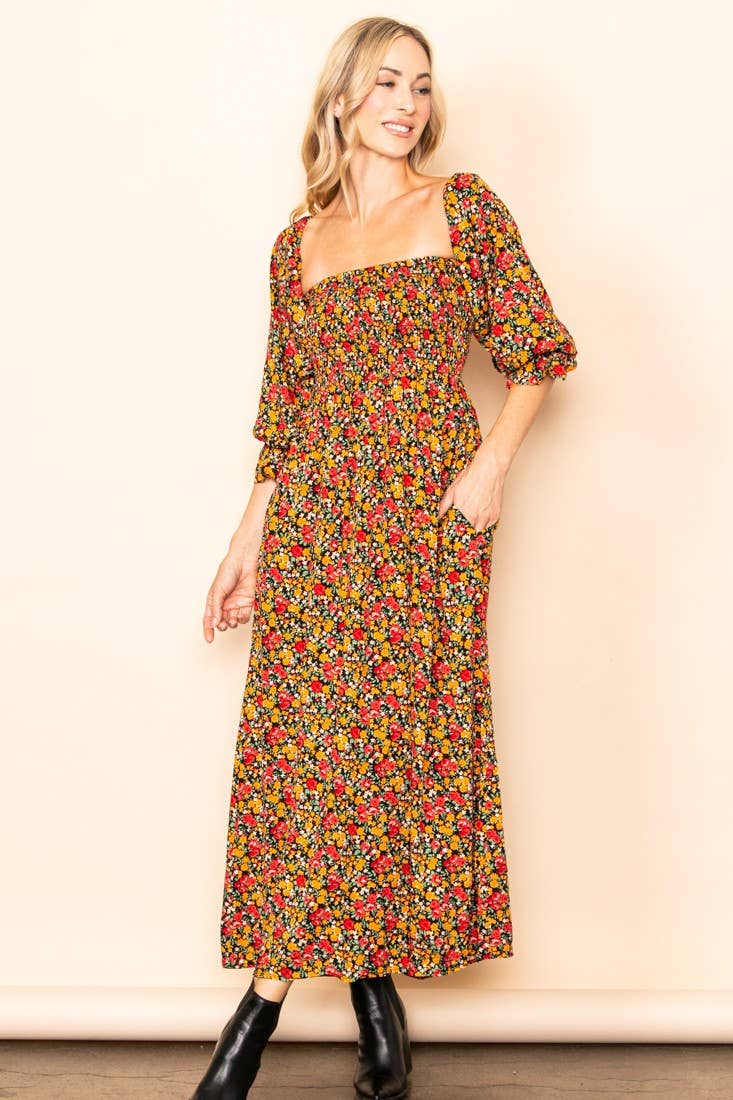 On Off Shoulder Smocked Chest Floral Long Sleeve Maxi Dress