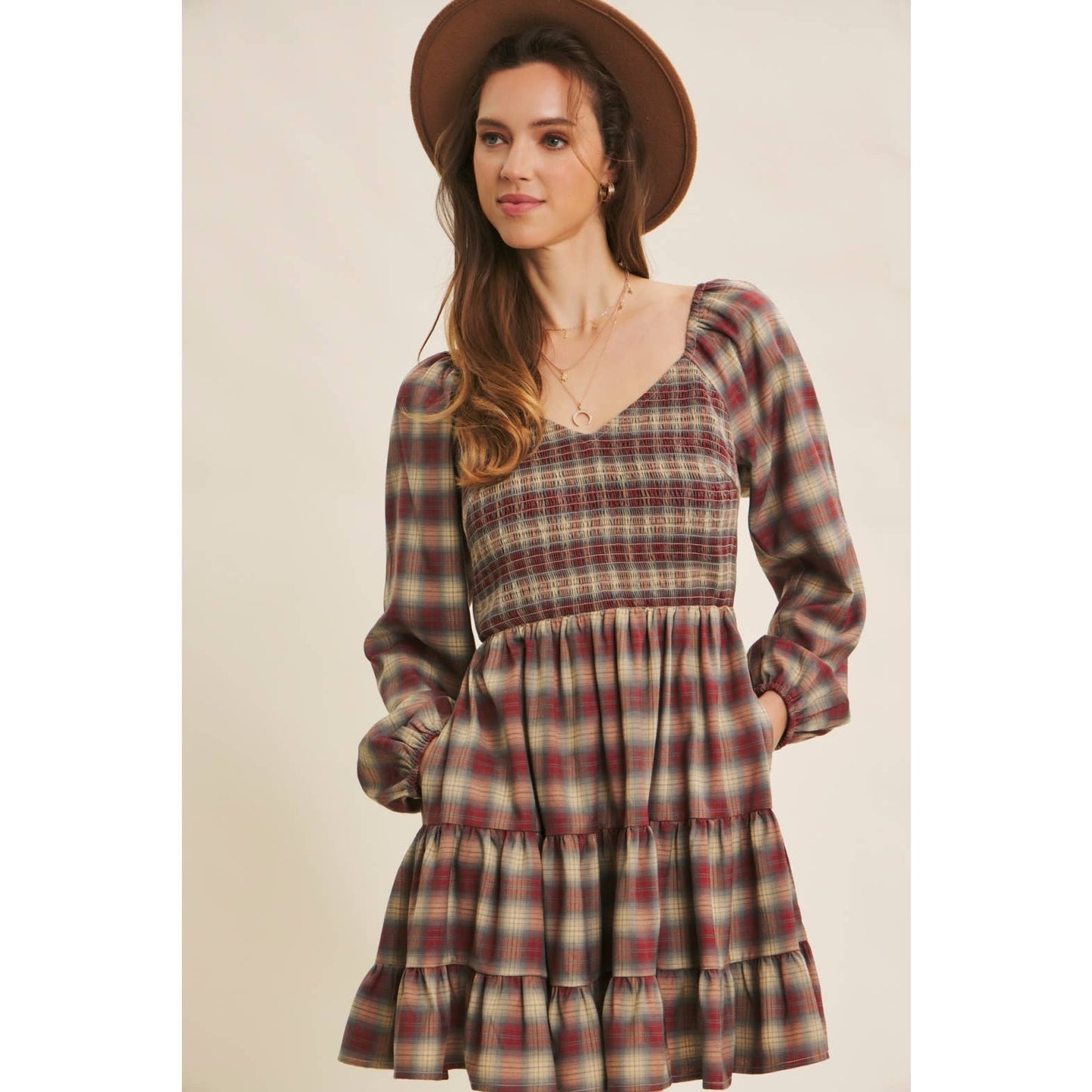 PLAID MINI SMOCKED DRESS WITH RUFFLES