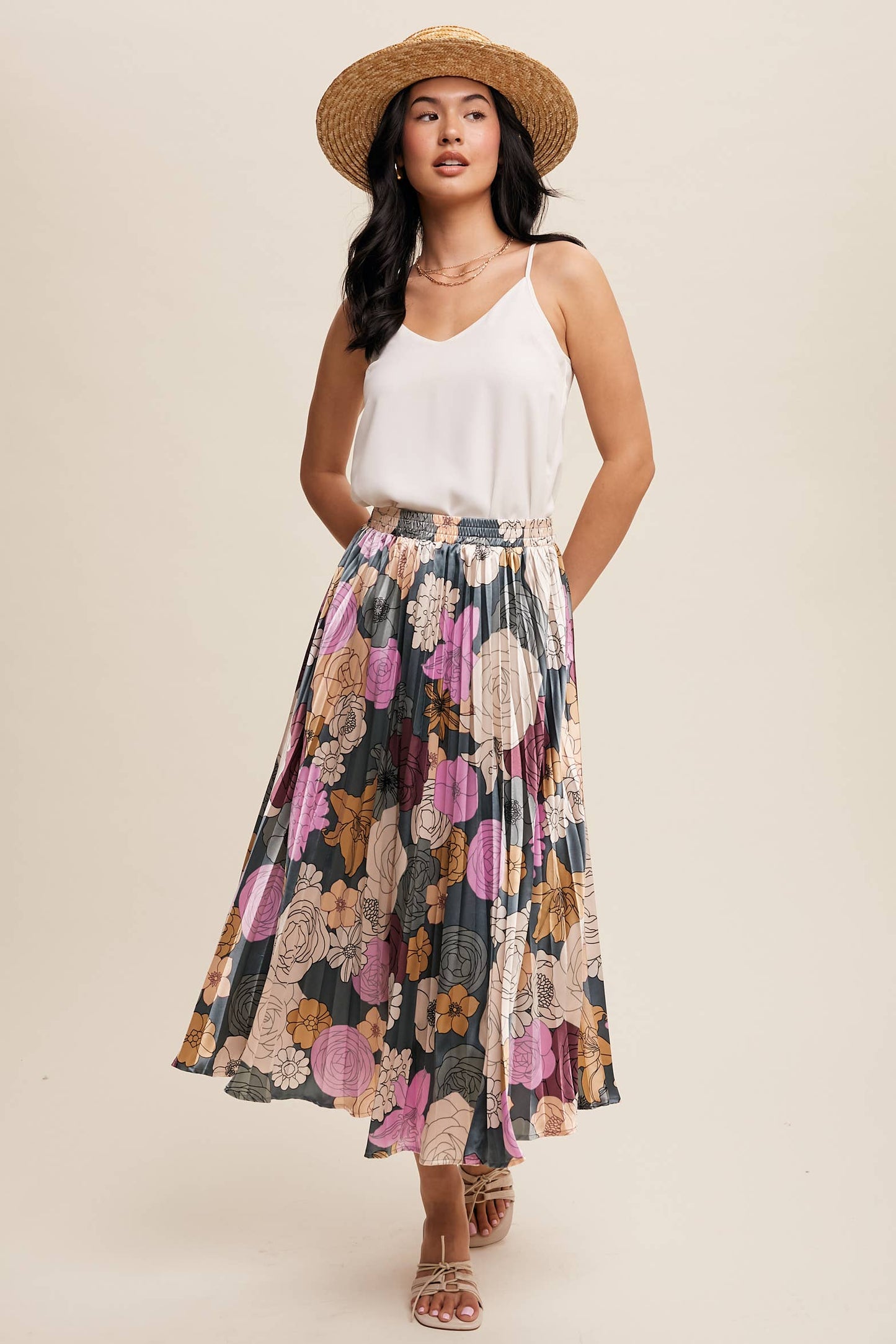Bold Floral Pleated Midi Skirt