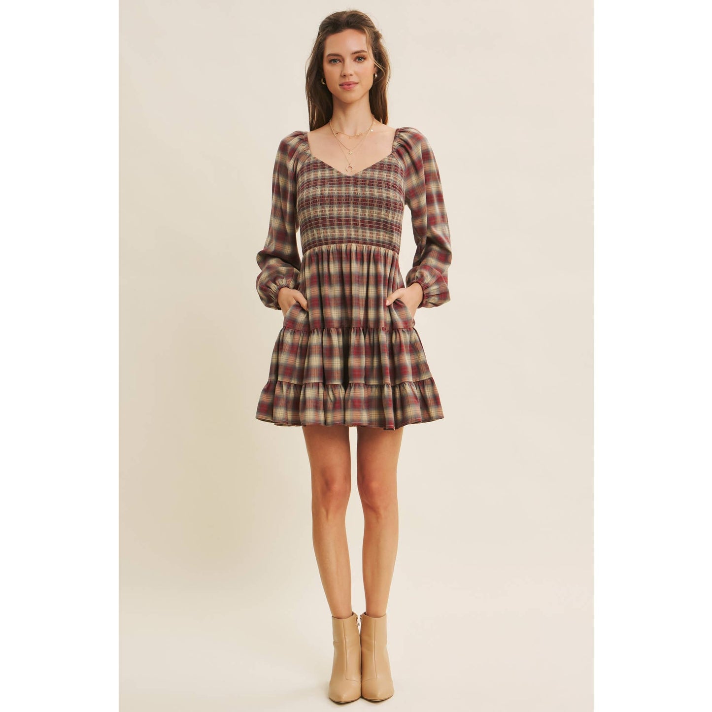PLAID MINI SMOCKED DRESS WITH RUFFLES