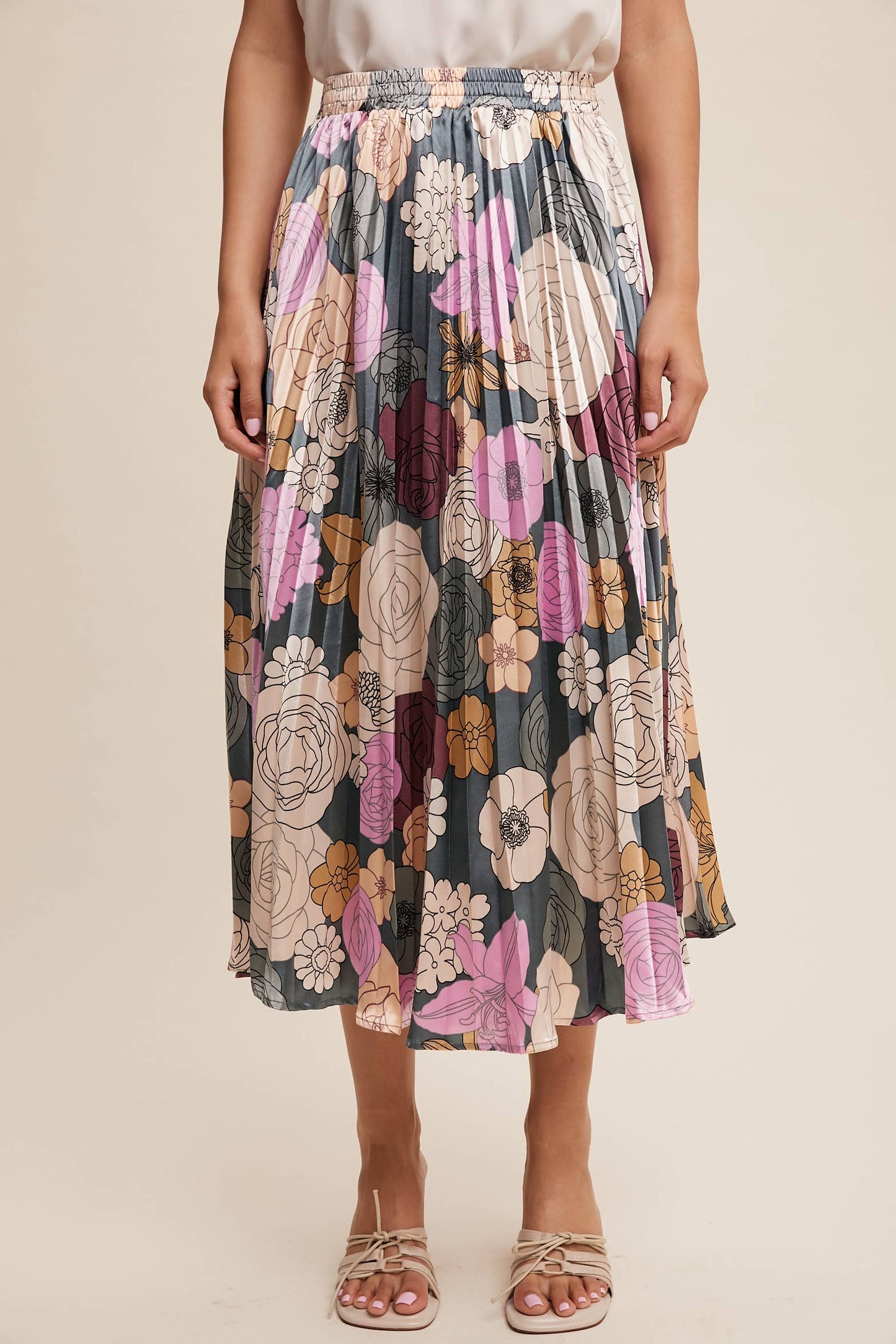 Bold Floral Pleated Midi Skirt