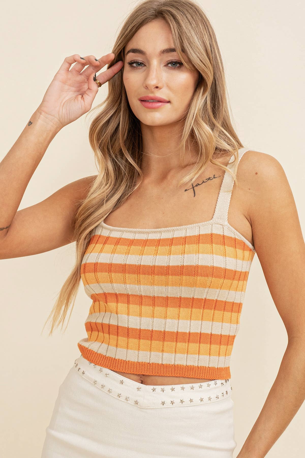 Square Neck Printed Tank Sweater Top: Orange Multi