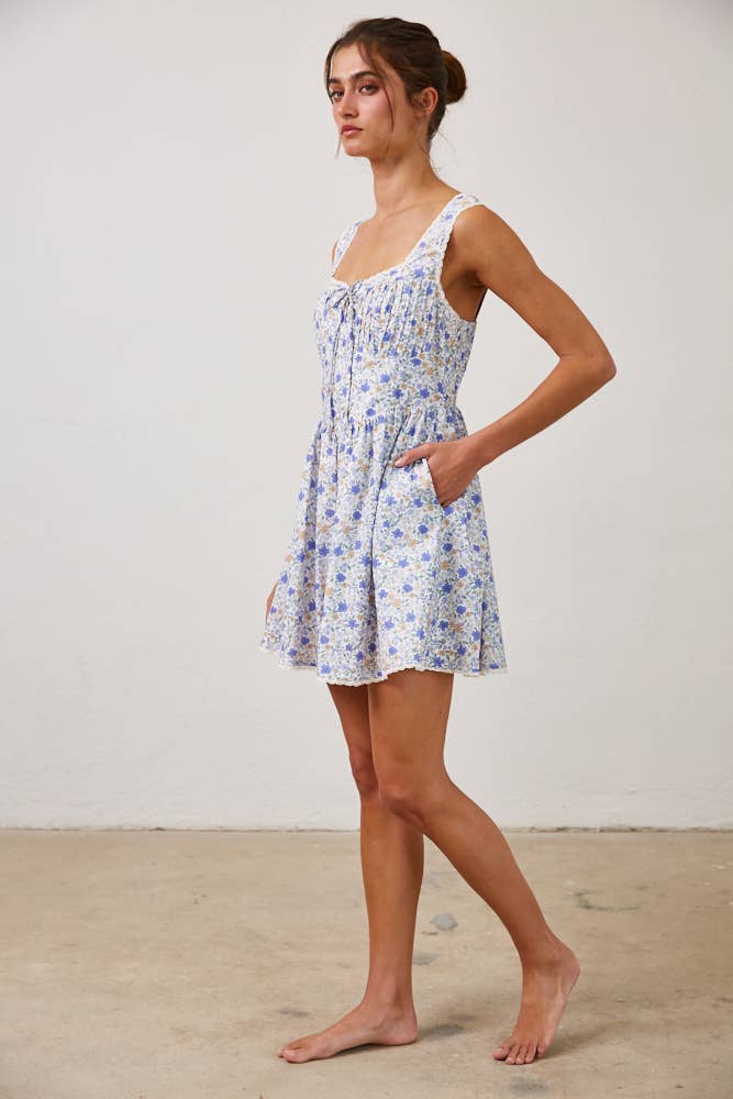 Floral Pleated Lace Detail Mini Dress