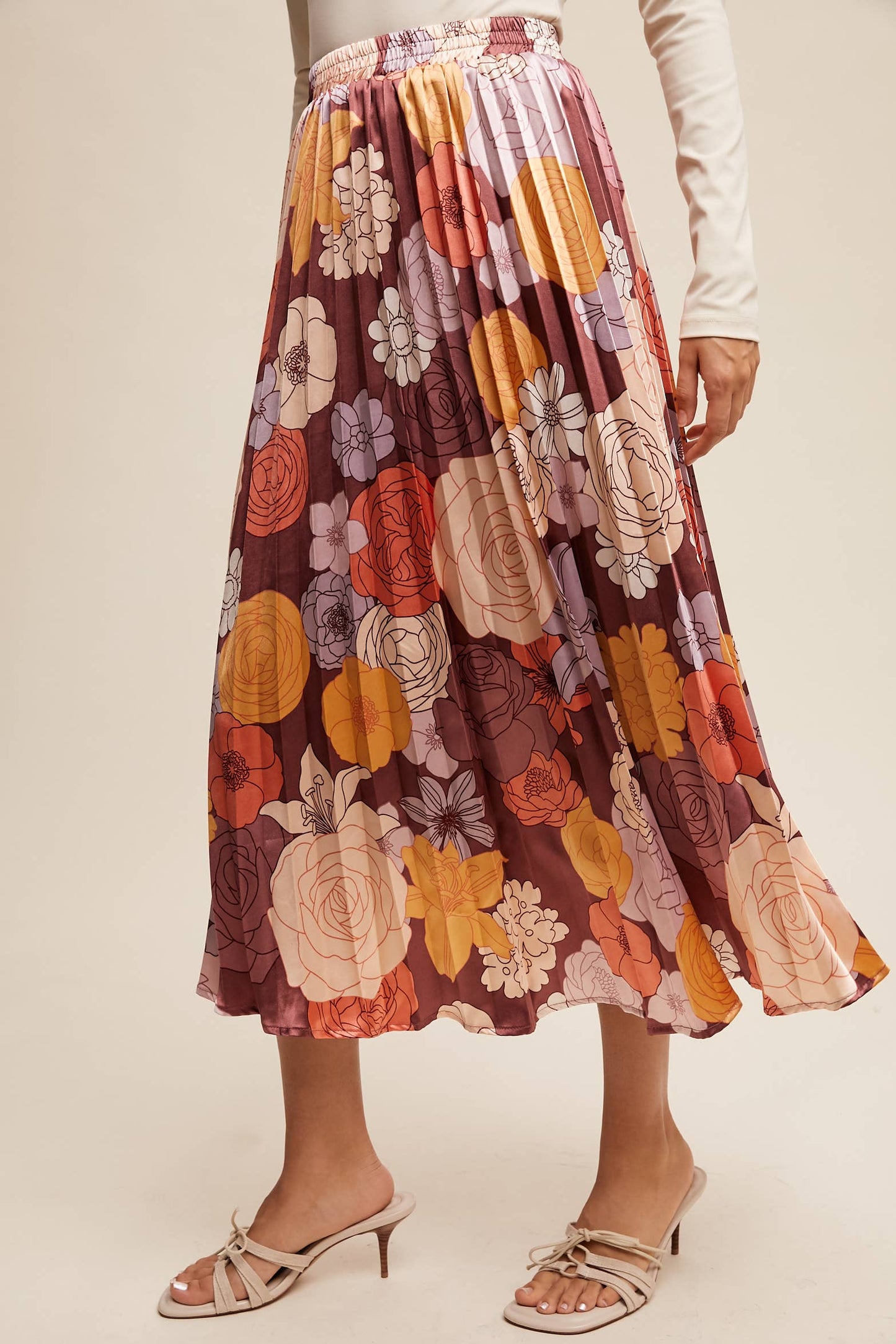Bold Floral Pleated Midi Skirt