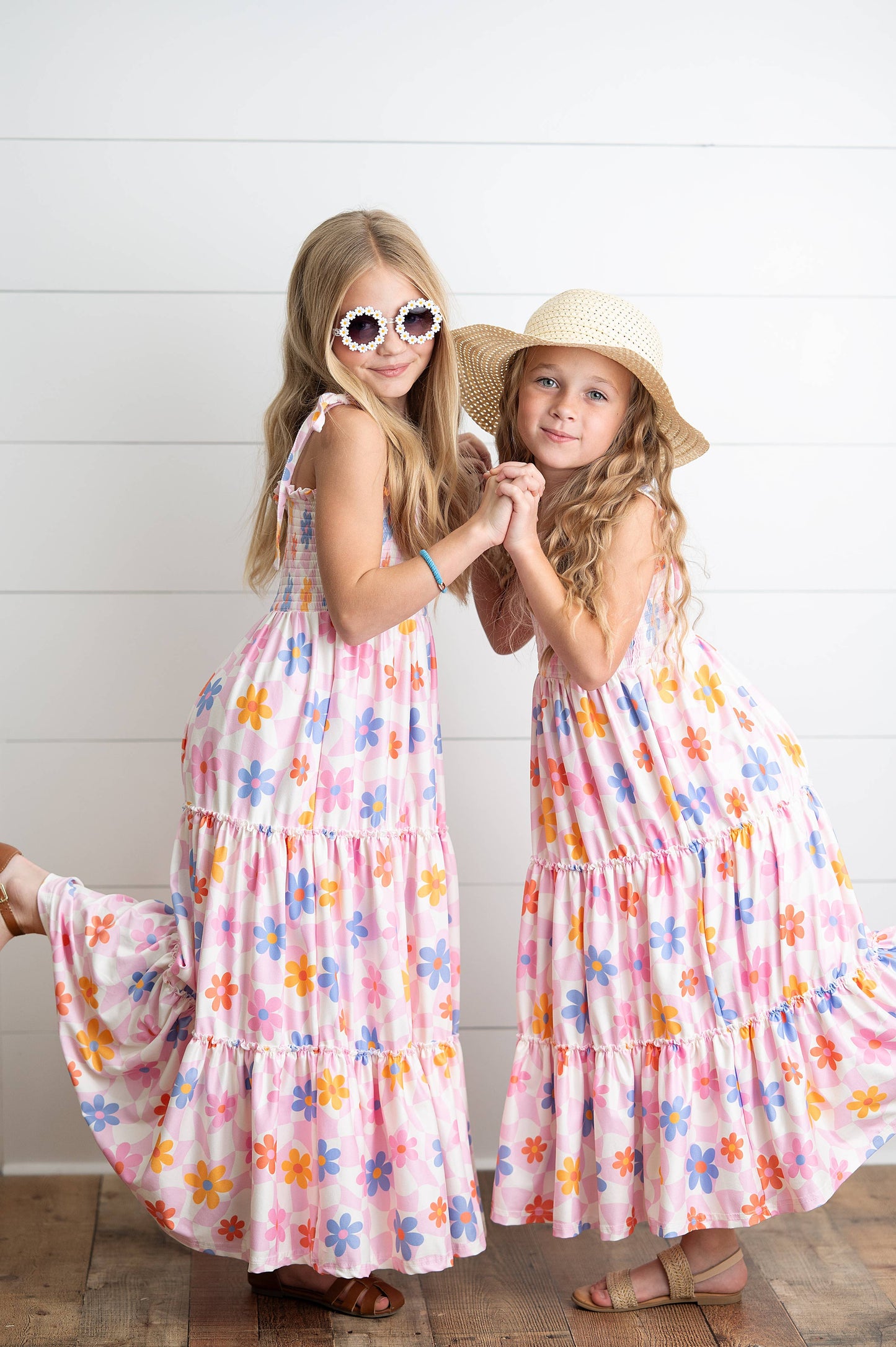 Girls Pink Retro Daisy Tiered Summer Maxi Dress