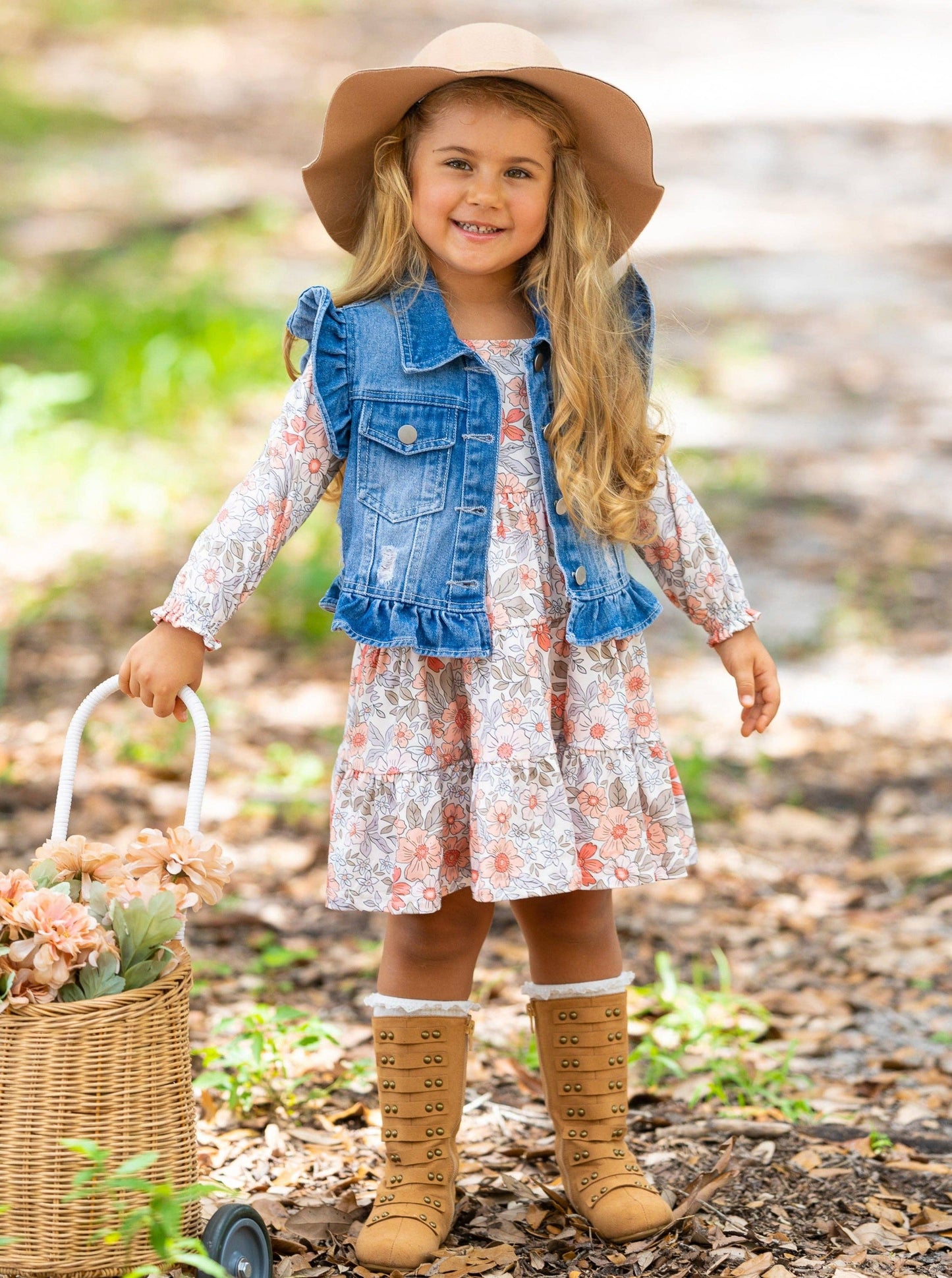 Long Sleeve Floral Dress w/ Ruffle Denim Vest & Set