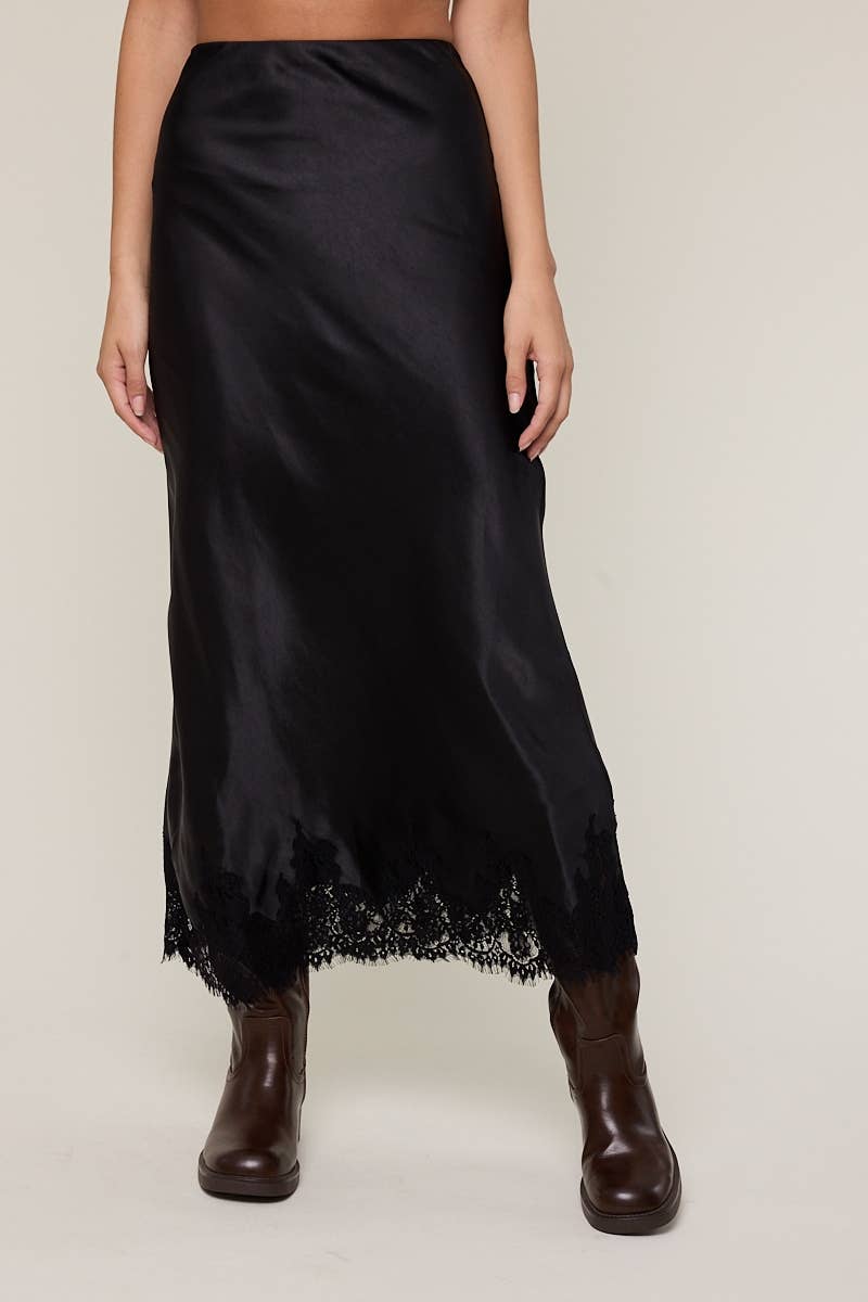 SATIN MONO TONE ELASTIC WAIST LACE MIDI SKIRT
