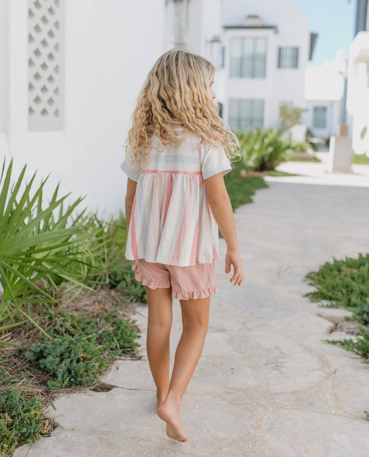Kids Sand Blush Stripe Pocket Ruffle Summer Short Set