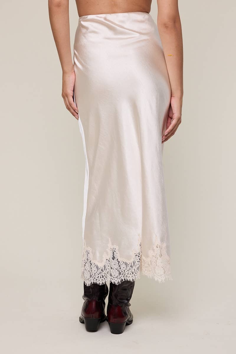 SATIN MONO TONE ELASTIC WAIST LACE MIDI SKIRT