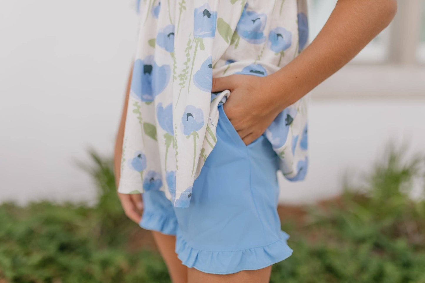 Girls Periwinkle Floral Ruffle Pocket Summer Short Set