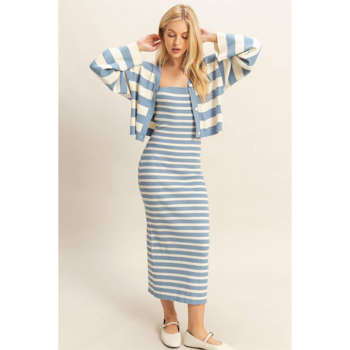 Striped Sweater Cardigan and Dress Set